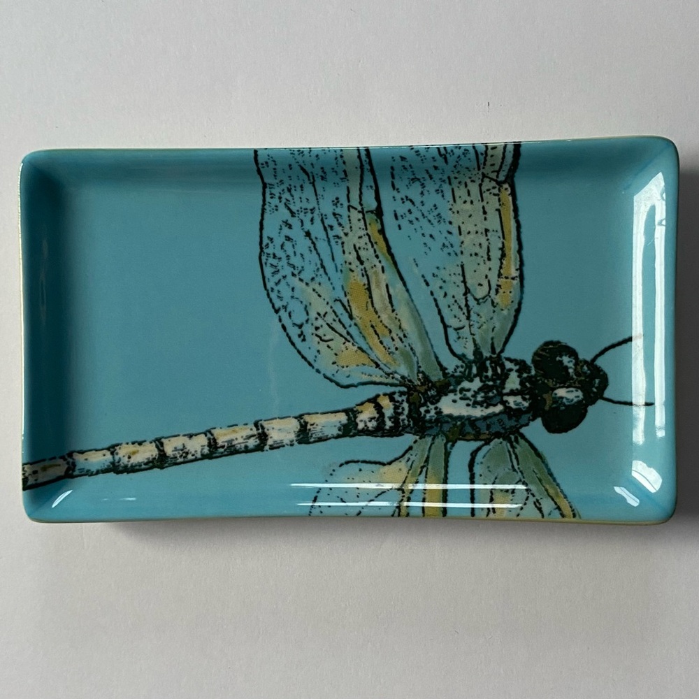 Dragonfly Trinket Dish Ceramic 6 X 3.5” Turquoise Green EUC Nature Bugs Ponds